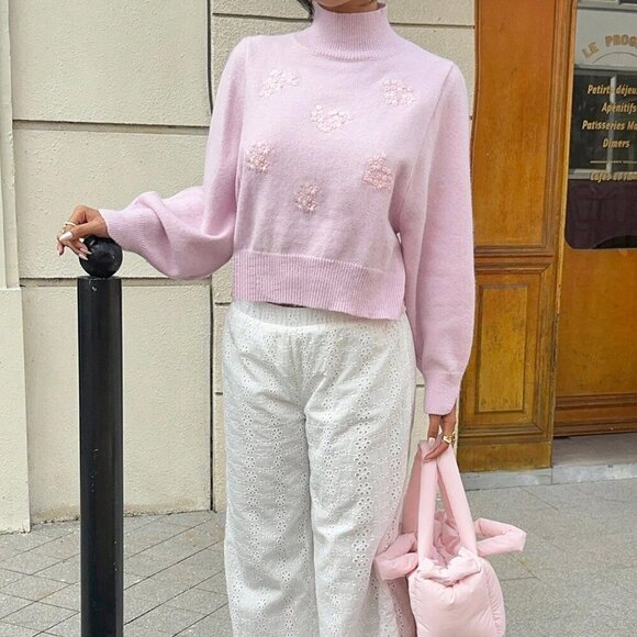 Pink Casual Women's Loose Versatile Embroidered Floral Sweater - Picture 1 of 8
